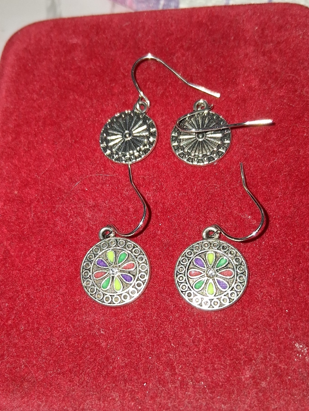 Source Unknown Silver Floral Drop Earrings with Multicolor Enamel